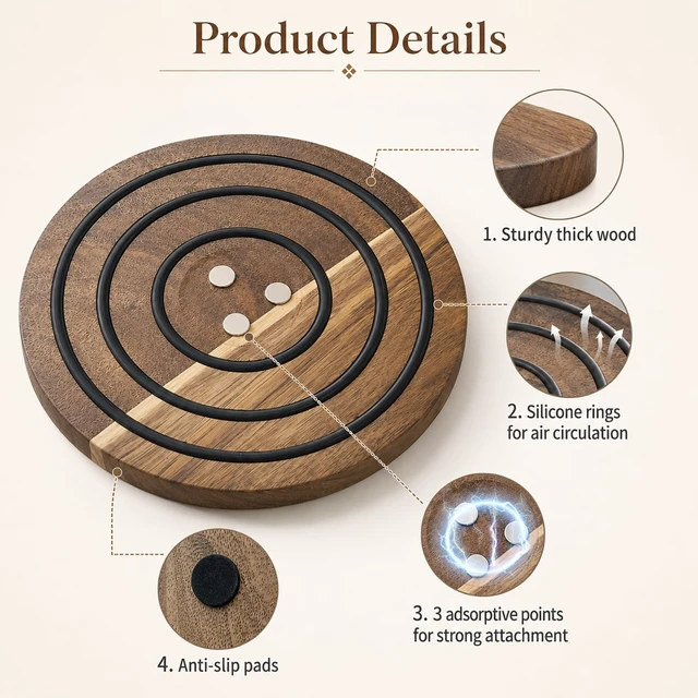 Alt view image 4 of 6 - Wood Round Pot Holder, 8 in Metal-Adhering Heat Safe Trivet with Non-Slip Silicone Rings, Kitchen Wooden Hot Pad for Cast Iron Pots, Pans and Hot Dishes