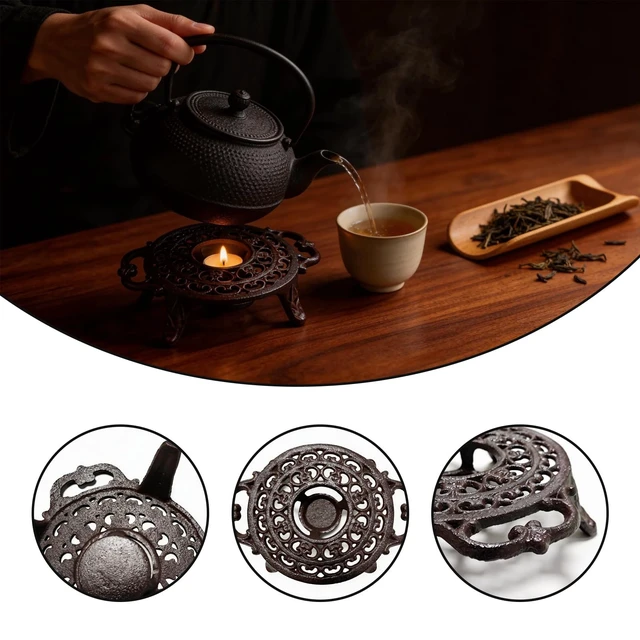 Alt view image 3 of 6 - Cast Iron Teapot Warmer, Round Tea Warmer with Double Eared Design & Tealight Holder, Heavy Duty Trivet for Heating Tea Coffee Milk, Vintage Rustic Decorative Stand for Teapots Cups Dishes