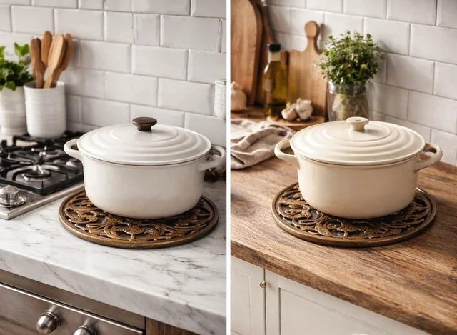 Alt view image 4 of 7 - MAI 1Pcs Round Cast Iron Trivet - Round Metal Trivets with Rubber Feet Caps,Rustic Cast Iron Hot Dish Plate Holder, Pan Plate Teapot for Kitchen Dining Table Countertop Cooktop (Copper)