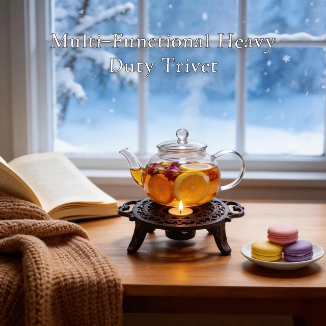 Alt view image 4 of 6 - Cast Iron Teapot Warmer, Round Tea Warmer with Double Eared Design & Tealight Holder, Heavy Duty Trivet for Heating Tea Coffee Milk, Vintage Rustic Decorative Stand for Teapots Cups Dishes