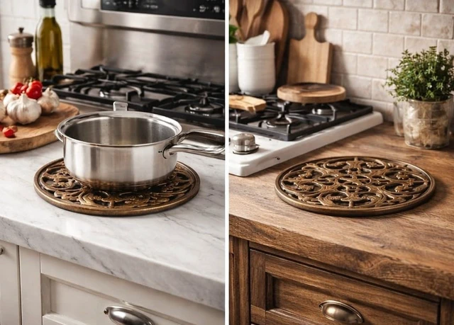 Alt view image 6 of 7 - MAI 1Pcs Round Cast Iron Trivet - Round Metal Trivets with Rubber Feet Caps,Rustic Cast Iron Hot Dish Plate Holder, Pan Plate Teapot for Kitchen Dining Table Countertop Cooktop (Copper)