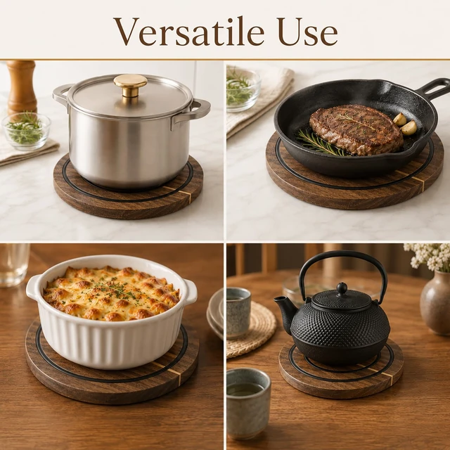 Alt view image 6 of 6 - Wood Round Pot Holder, 8 in Metal-Adhering Heat Safe Trivet with Non-Slip Silicone Rings, Kitchen Wooden Hot Pad for Cast Iron Pots, Pans and Hot Dishes