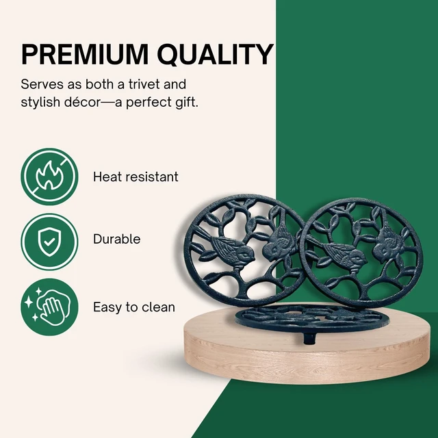 Alt view image 4 of 7 - Cast Iron Bird Trivet Set, 3-Pack - Decorative Metal Pot Holders, Rustproof & Rubber Feet for Hot Dishes, Pans, Teapots - Kitchen & Dining Decor, Black