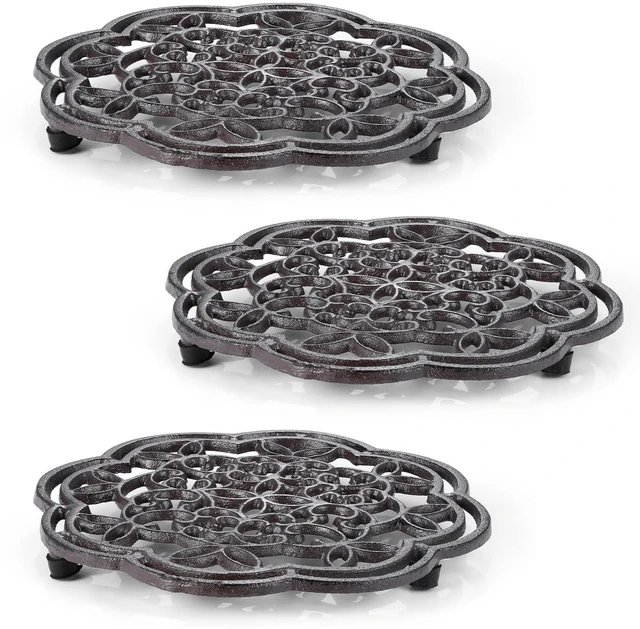 Main image of 3 Pack Cast Iron Trivet, 7.7 Inch Round Heavy Duty Rustproof Trivets for Hot Pots & Pans Heat Resistant Metal Pot Stand with Rubber Feet for Kitchen, Dining Table, CountertopVintage Farmhouse Decor