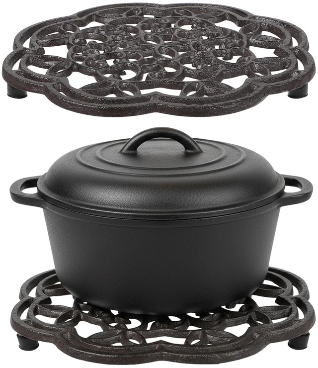 Main image of 2 Pack 7.7 Inch Cast Iron Trivet for Hot Dishes Round Rustproof Hot Pot Holder Stand with Rubber Feet for Countertop, Dutch Oven, Kitchen Decoration