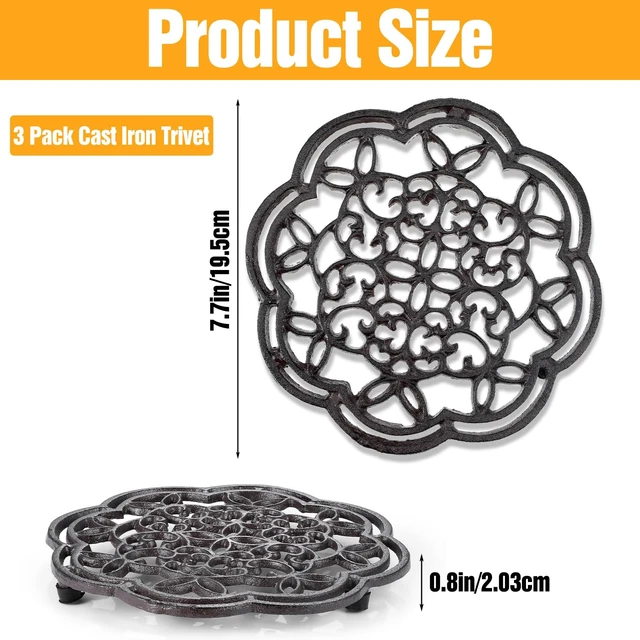 Alt view image 2 of 7 - 3 Pack Cast Iron Trivet, 7.7 Inch Round Heavy Duty Rustproof Trivets for Hot Pots & Pans Heat Resistant Metal Pot Stand with Rubber Feet for Kitchen, Dining Table, CountertopVintage Farmhouse Decor