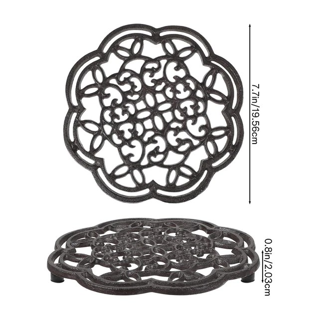Alt view image 2 of 7 - 2 Pack 7.7 Inch Cast Iron Trivet for Hot Dishes Round Rustproof Hot Pot Holder Stand with Rubber Feet for Countertop, Dutch Oven, Kitchen Decoration
