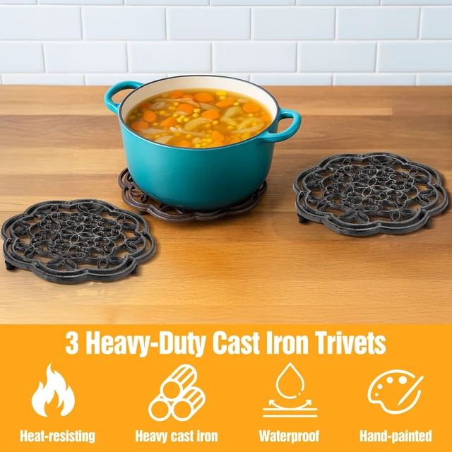 Alt view image 3 of 7 - 3 Pack Cast Iron Trivet, 7.7 Inch Round Heavy Duty Rustproof Trivets for Hot Pots & Pans Heat Resistant Metal Pot Stand with Rubber Feet for Kitchen, Dining Table, CountertopVintage Farmhouse Decor