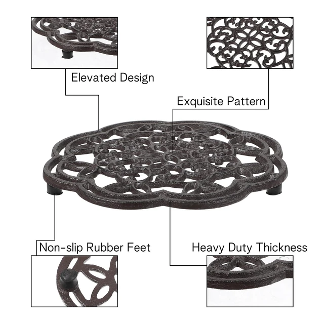 Alt view image 3 of 7 - 2 Pack 7.7 Inch Cast Iron Trivet for Hot Dishes Round Rustproof Hot Pot Holder Stand with Rubber Feet for Countertop, Dutch Oven, Kitchen Decoration