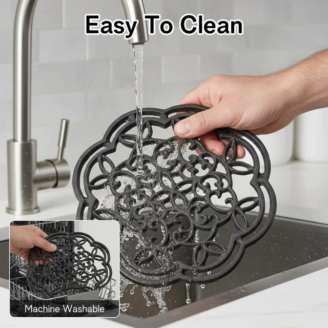 Alt view image 5 of 7 - 2 Pack 7.7 Inch Cast Iron Trivet for Hot Dishes Round Rustproof Hot Pot Holder Stand with Rubber Feet for Countertop, Dutch Oven, Kitchen Decoration