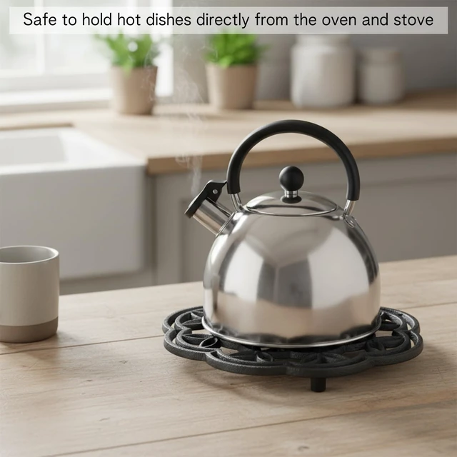 Alt view image 7 of 7 - 2 Pack 7.7 Inch Cast Iron Trivet for Hot Dishes Round Rustproof Hot Pot Holder Stand with Rubber Feet for Countertop, Dutch Oven, Kitchen Decoration
