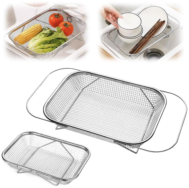 Main image of Over The Sink Colander with Fine Mesh Strainer,Stainless Steel Expandable Grips Sink Colander Basket for Kitchen Sink (L-33 * 24.5 * 8cm)