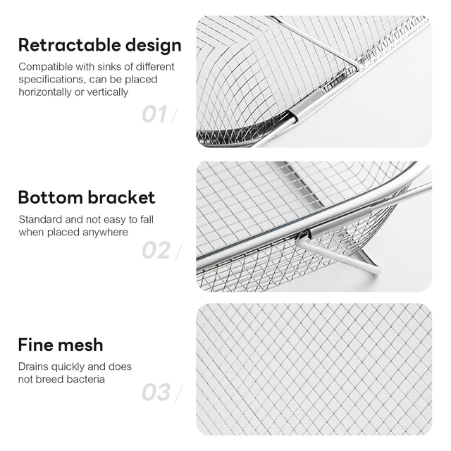 Alt view image 3 of 7 - Over The Sink Colander with Fine Mesh Strainer,Stainless Steel Expandable Grips Sink Colander Basket for Kitchen Sink (L-33 * 24.5 * 8cm)