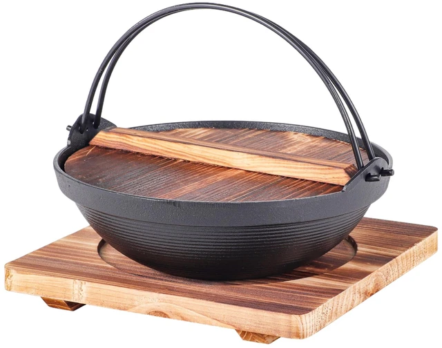Main image of Japanese Style Sukiyaki Tetsu Pot Cast Iron Sukiyaki Pot with Wooden Lid and Trivet Hanging Stove Nabemono Hot Pot Home Use or Hiking Stove Pan Stockpot Wok for Outdoor (9.5"D (3-4 Person))