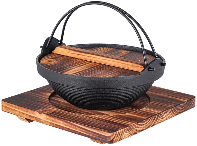 Main image of Japanese Style Sukiyaki Tetsu Pot Cast Iron Sukiyaki Pot with Wooden Lid and Trivet Hanging Stove Nabemono Hot Pot Home Use or Hiking Stove Pan Stockpot Wok for Outdoor (8"D (2-3 person))