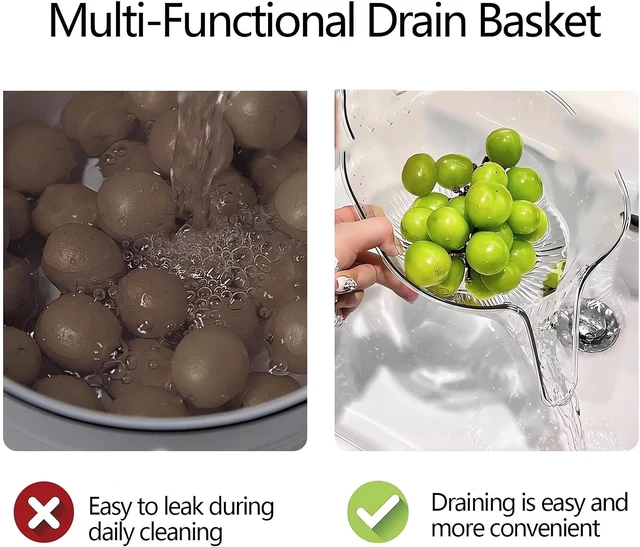 Alt view image 3 of 7 - Multi-functional Drain Basket - 2024 New Fruit Cleaning Bowl with Strainer Container, Kitchen Sink Food Catcher Drainer Rinser Vegetable Washing Filter over the Colander (1PC, Clear)
