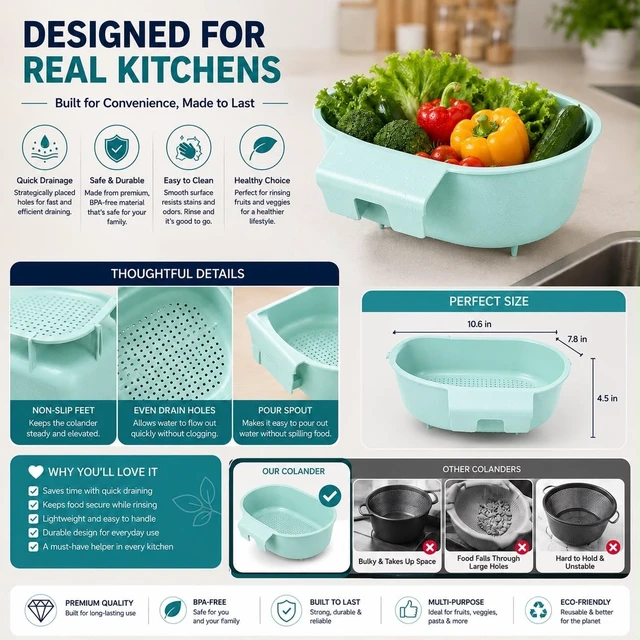 Alt view image 3 of 7 - Over Sink Colander with Handle 9.5" × 6.5" × 3.9" Kitchen Sink Strainer Basket for Washing Fruits & Vegetables, Draining Pasta, Defrosting Food & Drying Dishes, BPA-Free Dishwasher Safe, Light Blue