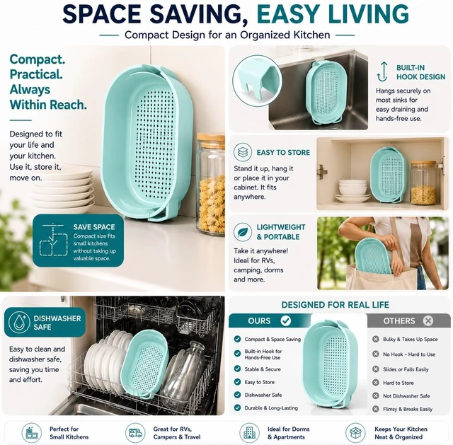 Alt view image 6 of 7 - Over Sink Colander with Handle 9.5" × 6.5" × 3.9" Kitchen Sink Strainer Basket for Washing Fruits & Vegetables, Draining Pasta, Defrosting Food & Drying Dishes, BPA-Free Dishwasher Safe, Light Blue