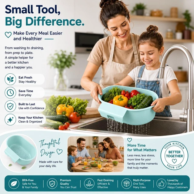 Alt view image 7 of 7 - Over Sink Colander with Handle 9.5" × 6.5" × 3.9" Kitchen Sink Strainer Basket for Washing Fruits & Vegetables, Draining Pasta, Defrosting Food & Drying Dishes, BPA-Free Dishwasher Safe, Light Blue
