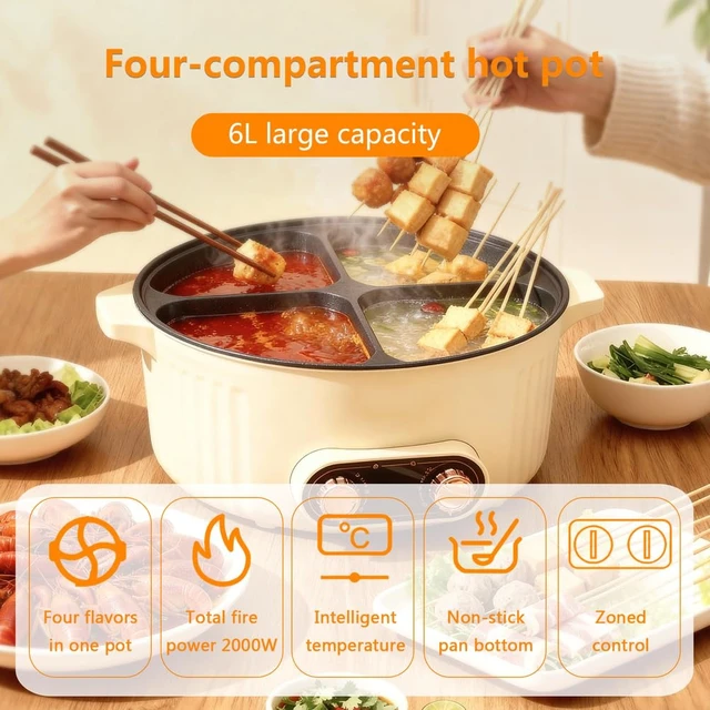 Alt view image 2 of 7 - Electric Hot Pot with Divider, Four Grid Multifunctional Stew Pot, 4-Flavor Chinese Shabu Shabu Pot, for Family Gatherings Parties,White