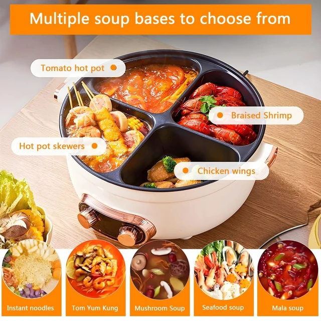 Alt view image 3 of 7 - Electric Hot Pot with Divider, Four Grid Multifunctional Stew Pot, 4-Flavor Chinese Shabu Shabu Pot, for Family Gatherings Parties,White