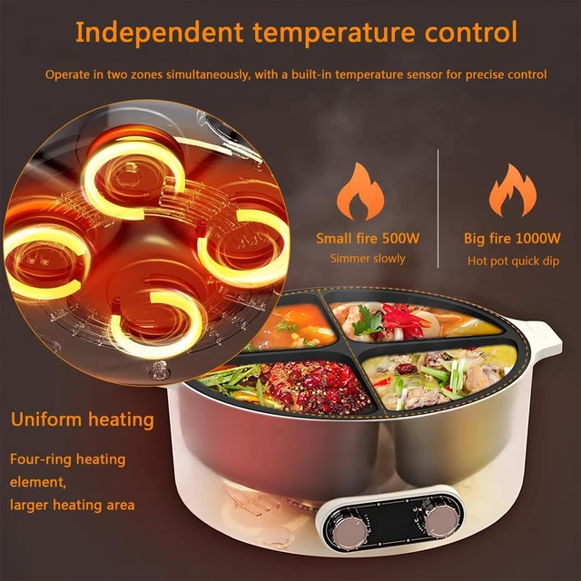 Alt view image 5 of 7 - Electric Hot Pot with Divider, Four Grid Multifunctional Stew Pot, 4-Flavor Chinese Shabu Shabu Pot, for Family Gatherings Parties,White