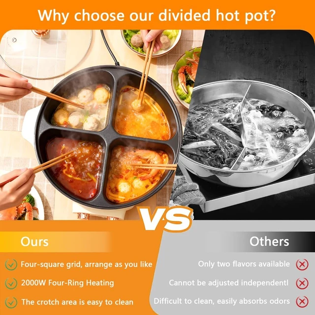 Alt view image 7 of 7 - Electric Hot Pot with Divider, Four Grid Multifunctional Stew Pot, 4-Flavor Chinese Shabu Shabu Pot, for Family Gatherings Parties,White