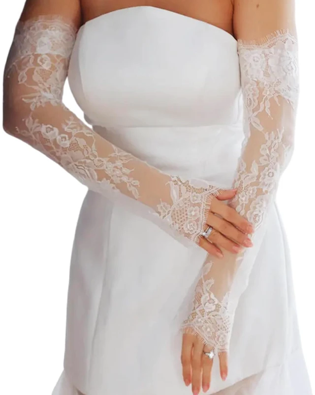 Main image of Long Sheer Wedding Arm Sleeves For Bride And Evening Party Seethrough Fingerless Lace Flower Gloves For Special Occasion Arm