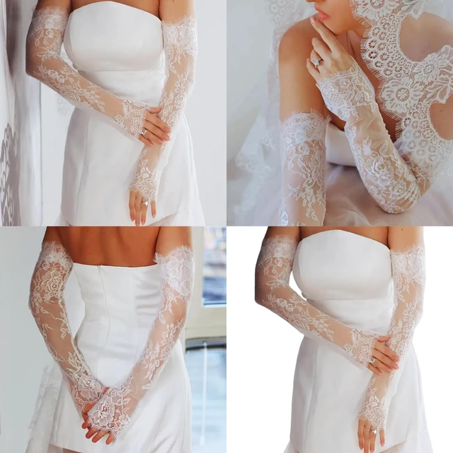Alt view image 2 of 6 - Long Sheer Wedding Arm Sleeves For Bride And Evening Party Seethrough Fingerless Lace Flower Gloves For Special Occasion Arm