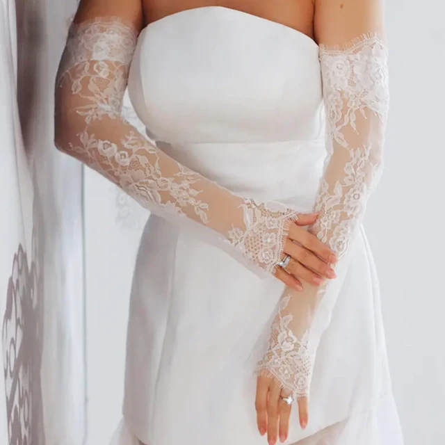 Alt view image 5 of 6 - Long Sheer Wedding Arm Sleeves For Bride And Evening Party Seethrough Fingerless Lace Flower Gloves For Special Occasion Arm