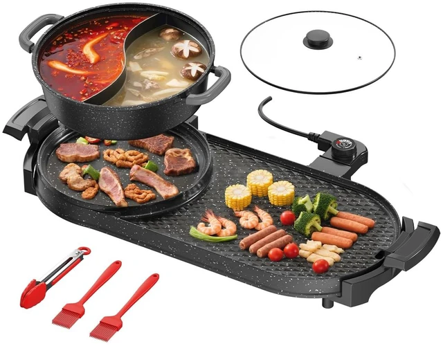 Main image of AORAN Electric Grill and Hot Pot Combo for Indoor Cooking, 2200W Detachable Dual Zone BBQ Griddle with Removable Split Pan, Non-Stick Surface, 29x11 Inch Family Size, Includes Grill Tools & Oil Paper