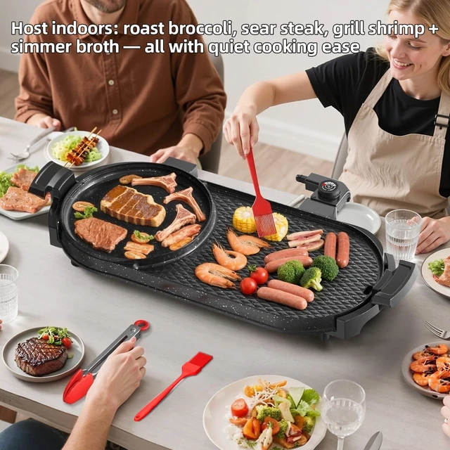 Alt view image 2 of 7 - AORAN Electric Grill and Hot Pot Combo for Indoor Cooking, 2200W Detachable Dual Zone BBQ Griddle with Removable Split Pan, Non-Stick Surface, 29x11 Inch Family Size, Includes Grill Tools & Oil Paper