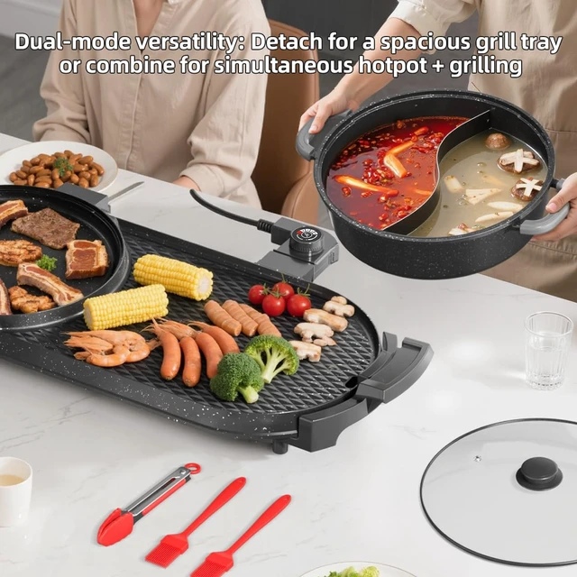 Alt view image 3 of 7 - AORAN Electric Grill and Hot Pot Combo for Indoor Cooking, 2200W Detachable Dual Zone BBQ Griddle with Removable Split Pan, Non-Stick Surface, 29x11 Inch Family Size, Includes Grill Tools & Oil Paper