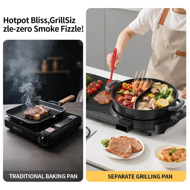 Alt view image 4 of 7 - AORAN Electric Grill and Hot Pot Combo for Indoor Cooking, 2200W Detachable Dual Zone BBQ Griddle with Removable Split Pan, Non-Stick Surface, 29x11 Inch Family Size, Includes Grill Tools & Oil Paper
