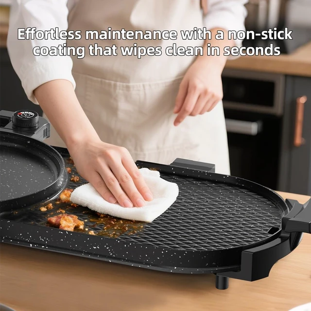 Alt view image 6 of 7 - AORAN Electric Grill and Hot Pot Combo for Indoor Cooking, 2200W Detachable Dual Zone BBQ Griddle with Removable Split Pan, Non-Stick Surface, 29x11 Inch Family Size, Includes Grill Tools & Oil Paper