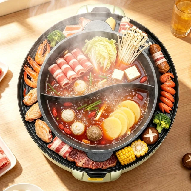 Main image of 2-in-1 Hot Pot Grill Combo Korean BBQ Grill Indoor Shabu Shabu Pot Kit Food Grade Alloy Fast Even Heat Non Stick Anti Scald Handle Dual Temp Control for Family Party Gift Golden