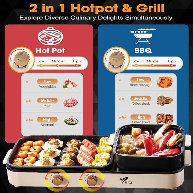 Alt view image 2 of 7 - 2026 NEW Electric Hot Pot with Grill, 2 in 1 Shabu Hotpot Korean BBQ Grill for Simmer,Separate Dual Temperature Contral,2-10 People Indoor Hot Pot Multi-function Smokeless Shabu