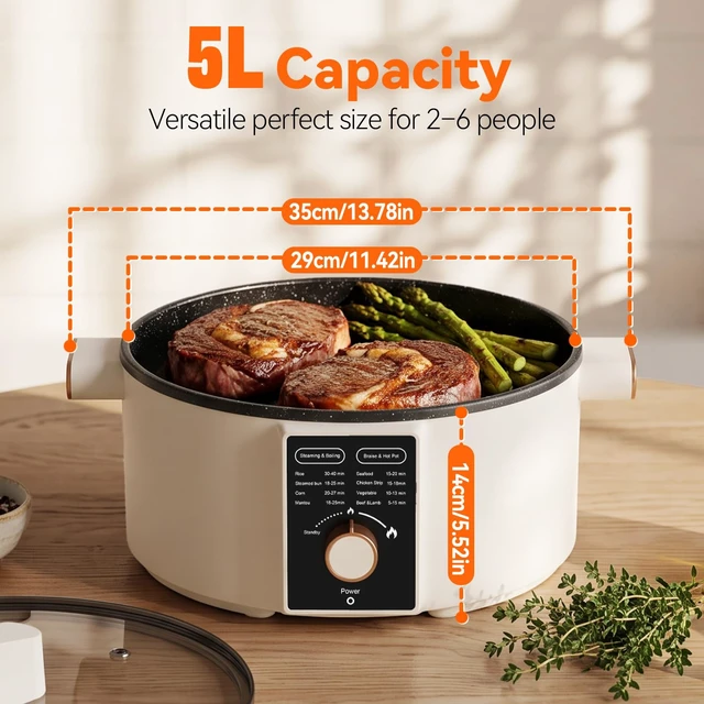 Alt view image 4 of 7 - 5L Hot Pot Electric, 1300W Non-Stick Electric Pot for Cooking, Dual Power
