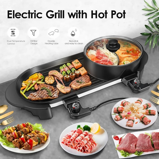 Alt view image 2 of 7 - SEAAN Hot Pot with Grill, Korean BBQ Grill Indoor Hotpot Pot Electric Combo, Shabu Shabu Pot with Divider KBBQ Grill Smokeless Non-stick Separate Dual Temperature Control, for 2-12 People, 110V