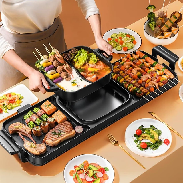 Alt view image 2 of 7 - AORAN Smokeless Electric Hot Pot & Grill Combo, Large 9.5"x29" Non-Stick Design, 3 Adjustable Heat Levels, Easy to Clean,Includes Brushes, Tongs & Paper