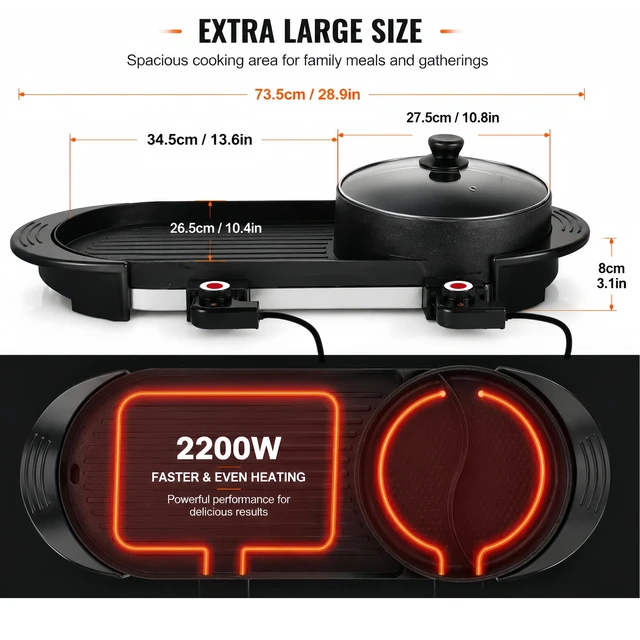 Alt view image 4 of 7 - SEAAN Hot Pot with Grill, Korean BBQ Grill Indoor Hotpot Pot Electric Combo, Shabu Shabu Pot with Divider KBBQ Grill Smokeless Non-stick Separate Dual Temperature Control, for 2-12 People, 110V
