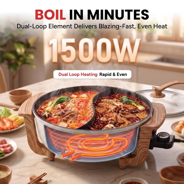 Alt view image 2 of 7 - FOWO 1500W Fast Heating Electric Hot Pot, Large 6L Shabu Shabu Pot