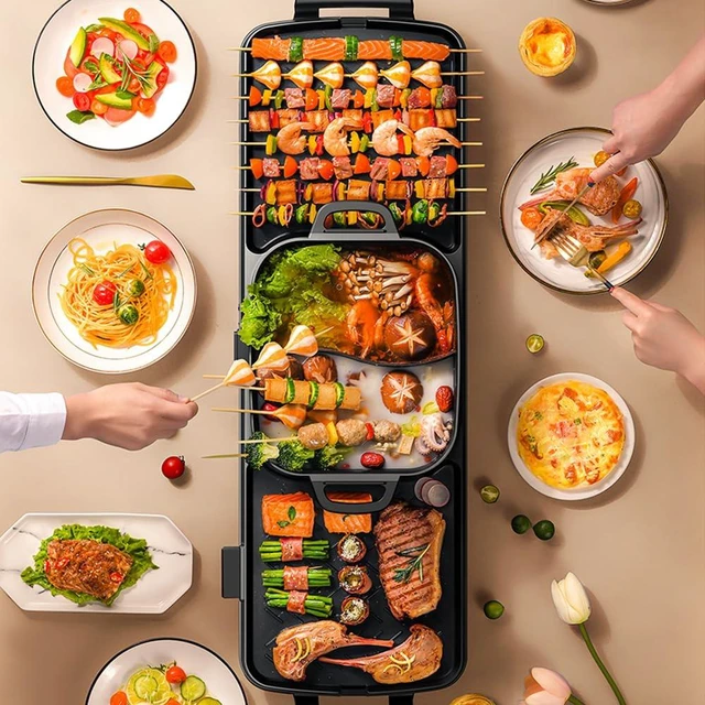 Alt view image 6 of 7 - AORAN Smokeless Electric Hot Pot & Grill Combo, Large 9.5"x29" Non-Stick Design, 3 Adjustable Heat Levels, Easy to Clean,Includes Brushes, Tongs & Paper