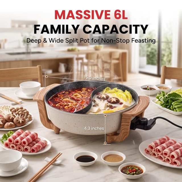 Alt view image 3 of 7 - FOWO 1500W Fast Heating Electric Hot Pot, Large 6L Shabu Shabu Pot