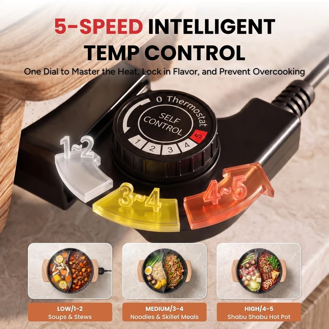 Alt view image 4 of 7 - FOWO 1500W Fast Heating Electric Hot Pot, Large 6L Shabu Shabu Pot