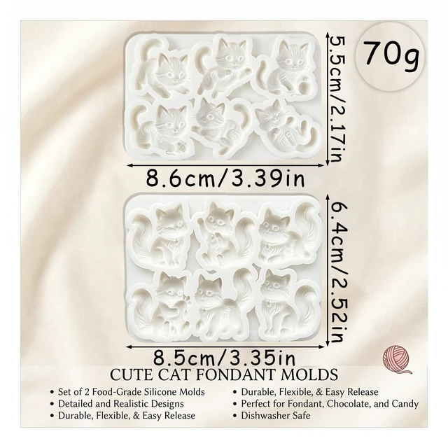 Alt view image 2 of 7 - 3D Cat Fondant Molds Silicone, 2PCS Animal Candy Molds for Baking