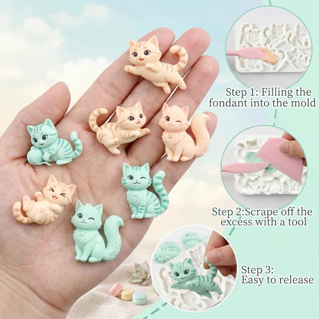 Alt view image 3 of 7 - 3D Cat Fondant Molds Silicone, 2PCS Animal Candy Molds for Baking