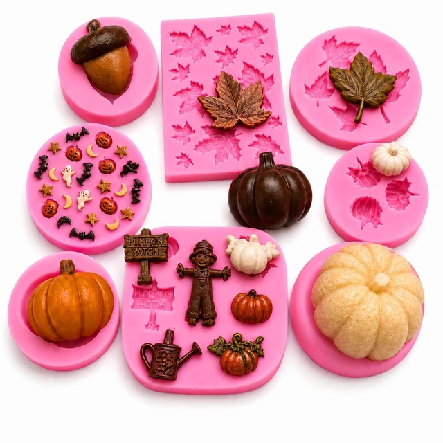 Main image of 8Pcs Fall Harvest Thanksgiving Silicone Mold Set Pumpkin Maple Leaves Acorn Chocolate Fondant Molds Thanksgiving Fall Theme Food Grade Silicone Molds for Making Cupcake Chocolate Cookie Fondant Decor