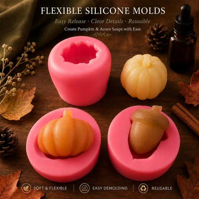 Alt view image 2 of 7 - 8Pcs Fall Harvest Thanksgiving Silicone Mold Set Pumpkin Maple Leaves Acorn Chocolate Fondant Molds Thanksgiving Fall Theme Food Grade Silicone Molds for Making Cupcake Chocolate Cookie Fondant Decor