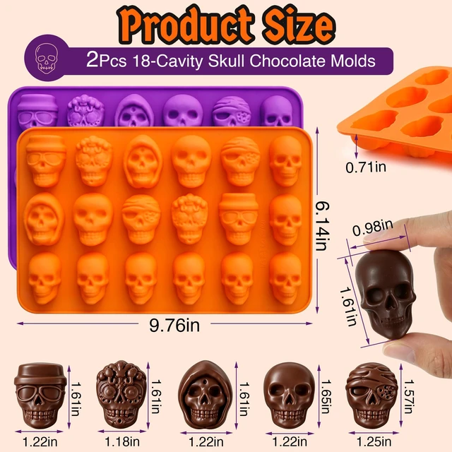 Alt view image 2 of 7 - 2Pcs 18-Cavity Skull Chocolate Molds for Halloween, 3D Skulls Silicone Baking Mold for Chocolate, Skull Cake Mold for Cake Decoration, Gummy, Ice Cube, Jello, Cupcake Decorate, Party Supplies